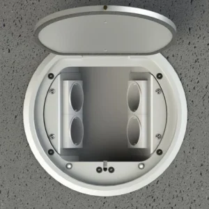 8604A | RUND IP65 GULVBOKS | 3 STIKK + 2 rj45 CAT6A | Børstet rustfri Aluminium